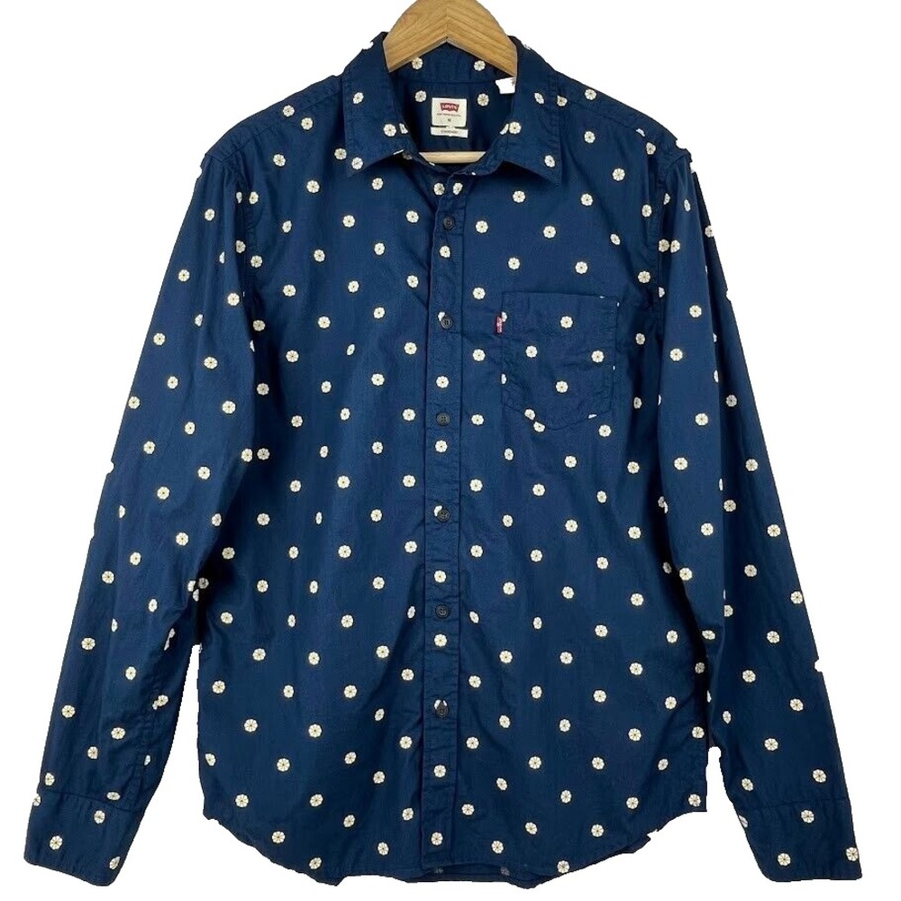 Levi's‎ Standard Men's M Dark Blue Floral All Over Print Button Up Shirt Cotton